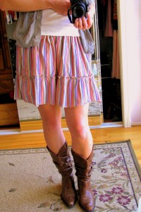 My outfit yesterday. Why? Because it's finally warm enough, because I love cowboy boots, and because I can only pull this off for so much longer before it starts to get weird and I become an embarrassment to my kids...